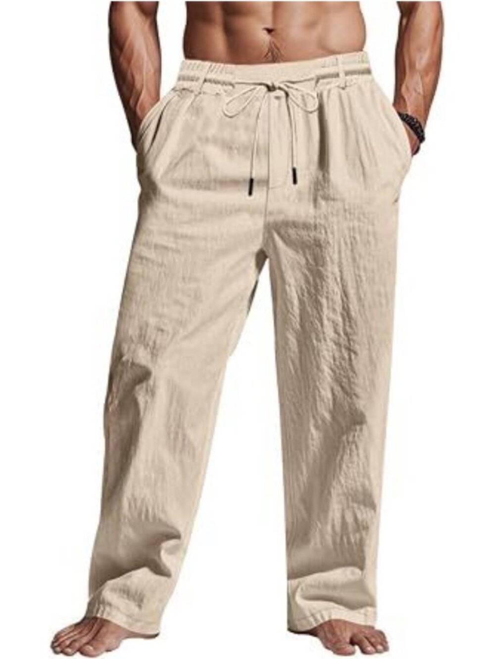 Mens Lightweight Linen Pants Straight Leg Summer Leg Beach Trousers with Pockets